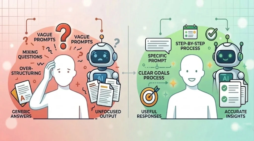 A visual infographic contrasting "Vague Prompts" on the left with a confused user and AI, leading to "Generic Answers," and "Specific Prompts" on the right with a happy user and AI, leading to "Useful Responses" and "Accurate Insights.