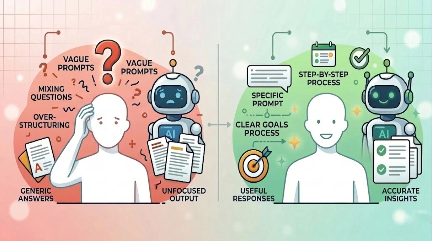 A visual infographic contrasting "Vague Prompts" on the left with a confused user and AI, leading to "Generic Answers," and "Specific Prompts" on the right with a happy user and AI, leading to "Useful Responses" and "Accurate Insights.