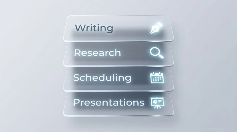 A clean, modern graphic featuring four semi-transparent glass-style buttons stacked vertically. The buttons are labeled "Writing," "Research," "Scheduling," and "Presentations," each accompanied by a glowing blue icon representing a pen, magnifying glass, calendar, and presentation board.