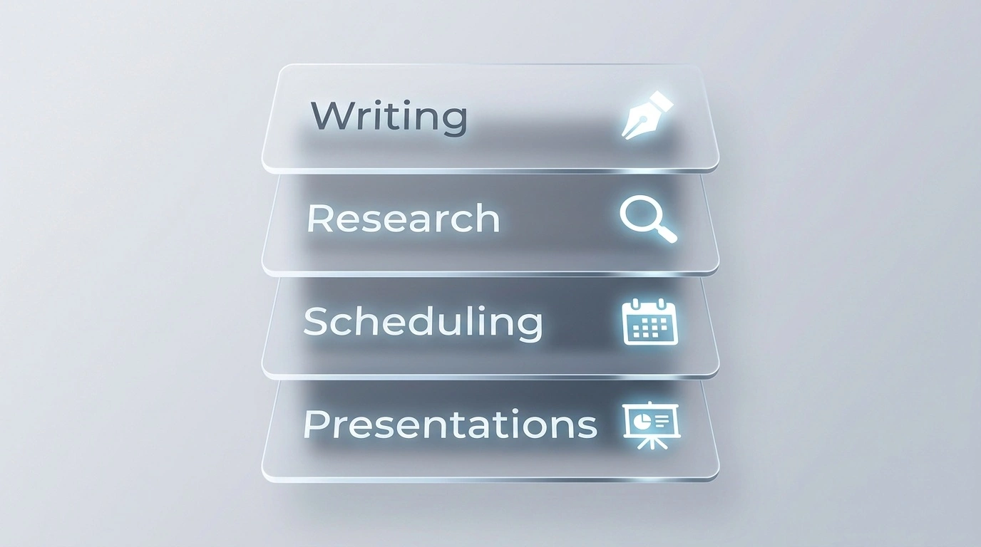 A clean, modern graphic featuring four semi-transparent glass-style buttons stacked vertically. The buttons are labeled "Writing," "Research," "Scheduling," and "Presentations," each accompanied by a glowing blue icon representing a pen, magnifying glass, calendar, and presentation board.