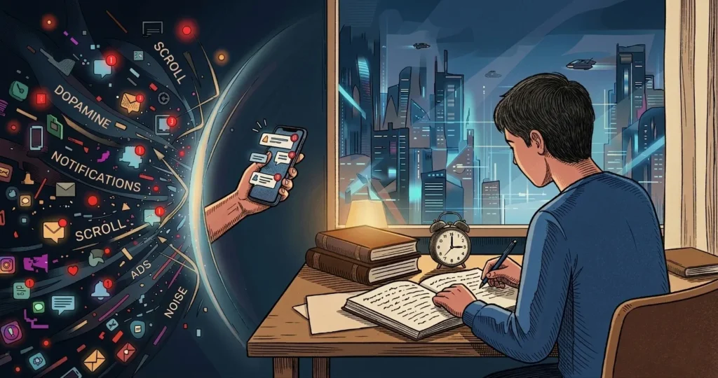 An illustration of a person studying at a desk while a chaotic vortex of phone notifications, social media icons, and digital noise tries to distract them.