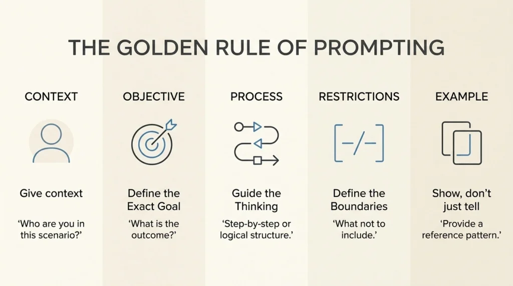 An infographic outlining five key pillars: Context (Who are you?), Objective (What is the goal?), Process (Guide the thinking), Restrictions (What to exclude), and Example (Show, don't just tell).