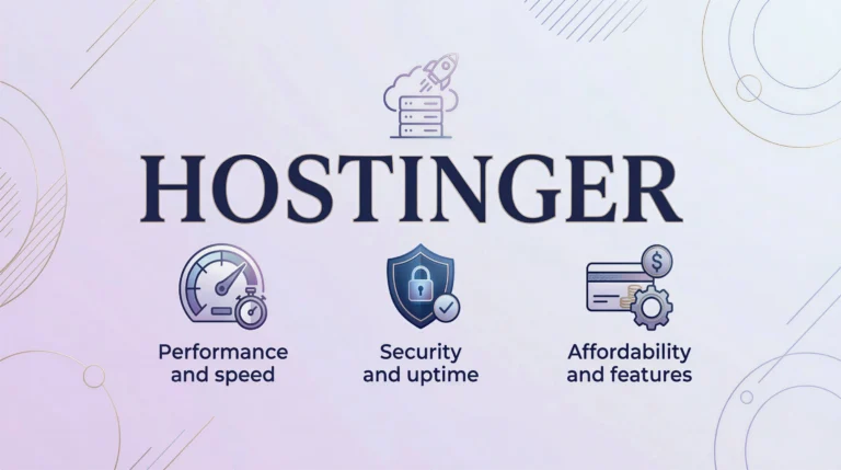 Hostinger hosting review showing icons for performance and speed, security and uptime, and affordability and features.