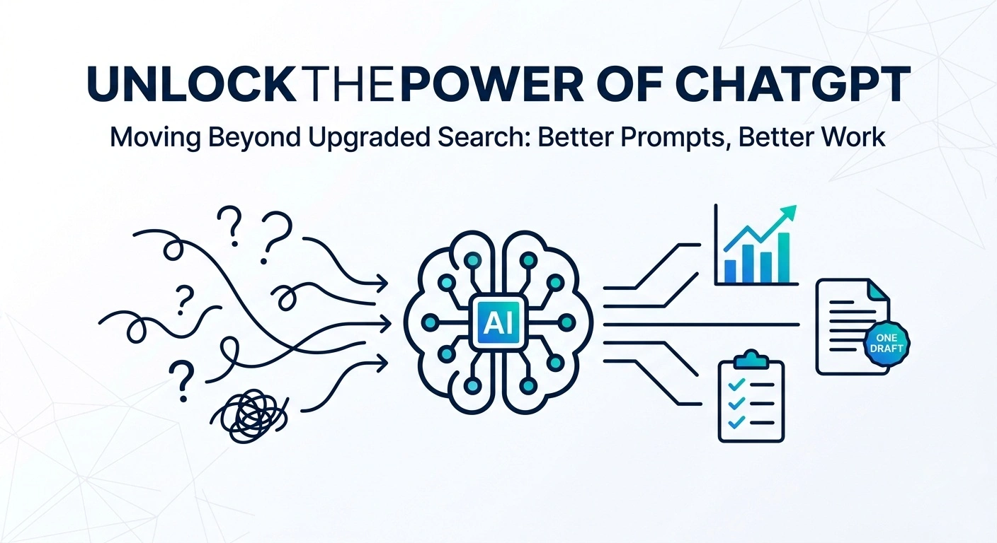 A conceptual diagram showing messy scribbles and question marks entering an AI brain icon and emerging as organized charts, checklists, and a final document draft.